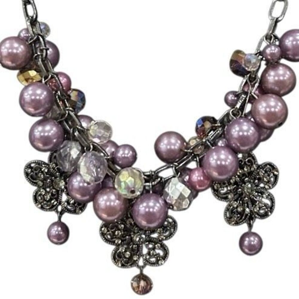 Bubble Bead Statement Necklace 19" Purple Clustered Beads With Flower Accents